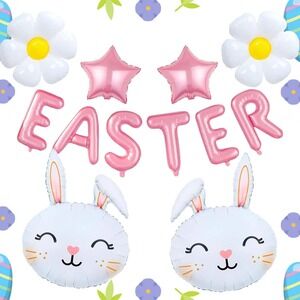 Pink Easter Balloon Kit Bunny‎ Daisy Star Foil Banner Party Decorations 12pc